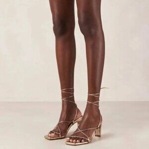 New Alohas Bellini minimalist leather strappy metallic lace up wrap heel sandal